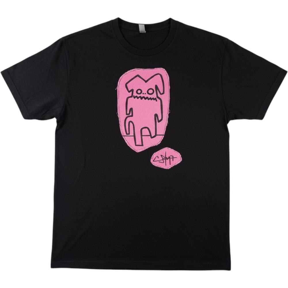 Men's Black T-shirt Pink Raw Edge Hem Patch Demon Monster Signature Art Sz Large